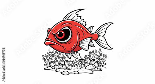 Grumpy red fish with large eyes stares intensely from its coral reef home