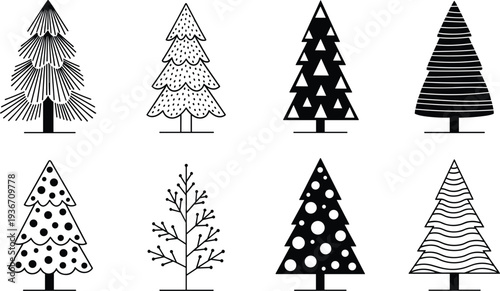 Modern Christmas tree silhouette set, minimalist pine and fir tree icons, cad drawing flat vector illustration for holiday greeting cards.