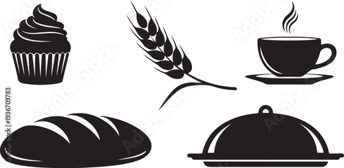 Bakery and coffee icons in black and white style