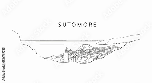 Line art sketch of a coastal town with a prominent church and fortress on a hill