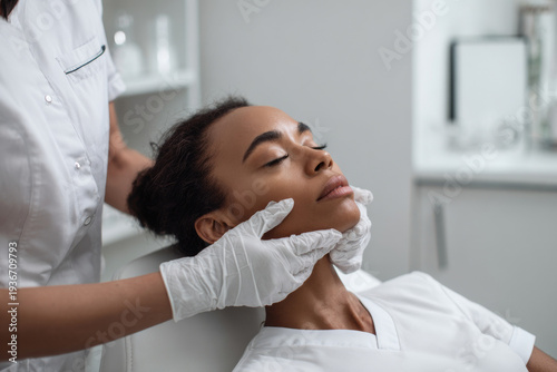 Wallpaper Mural professional dermatologist examining African woman's facial skin in modern clinic, supportive communication, clean minimalist design, natural window lighting Torontodigital.ca