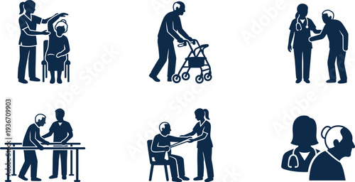Professional Elderly Care and Physical Therapy Silhouette Set Featuring Caregivers Assisting Seniors with Walking, Stretching, and Medical Consultations