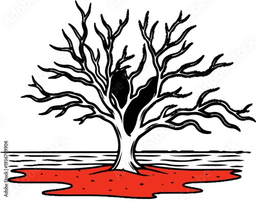 Spooky bare tree with black void in trunk, red blood pool at base