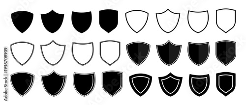 Shield armor silhouette icon set, Protection shield set, Protection badges black minimalistic icons