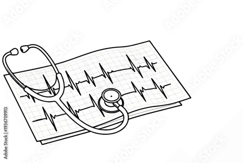 Stethoscope rests on a medical chart displaying an electrocardiogram tracing