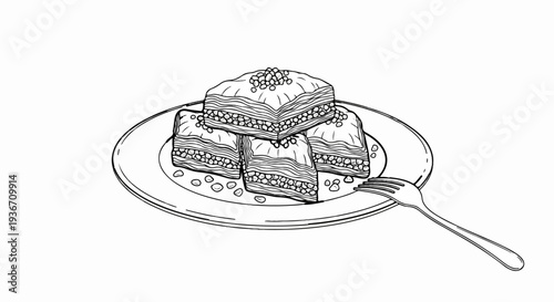 Stack of layered pastries with nuts on a plate with a fork