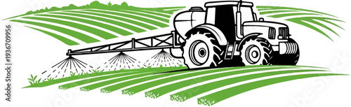 A tractor sprays crops in a green field under a hilly horizon