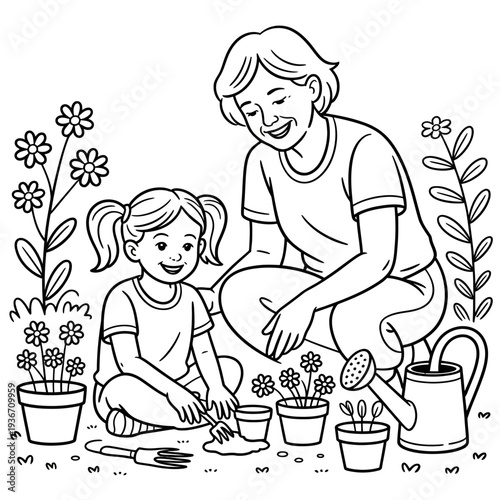 A mother and daughter planting flowers in a garden together happily