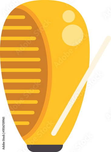 Bright yellow guiro percussion instrument with matching stick isolated on white background