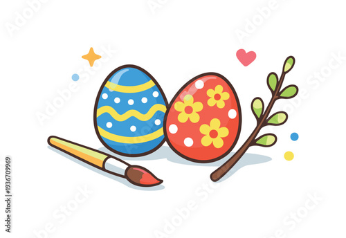 Easter eggs with paintbrush and pussy willow branch, festive spring holiday celebration