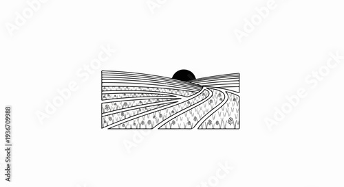Stylized depiction of rolling fields and a setting sun, rendered in black and white