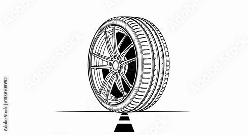 Stylized drawing of a car tire with intricate spokes and tread, resting on a road marker