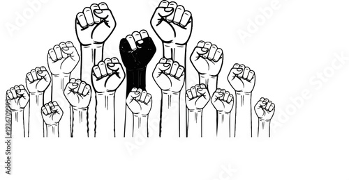 A collection of raised fists, one black, symbolizing solidarity and protest