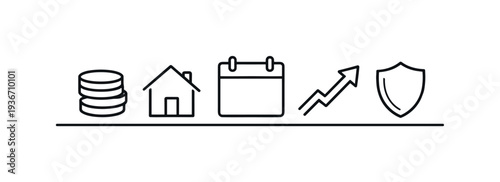 Financial planning icons: coins, house, calendar, growth chart, and shield on a line