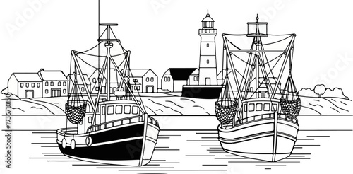 Two fishing vessels docked in a harbor with buildings and lighthouse