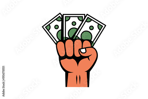 A clenched fist holding dollar bills in a powerful gesture of protest or demand