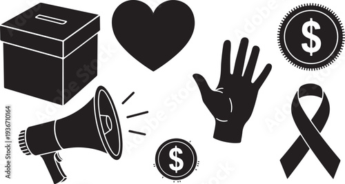 Black icons for charity, fundraising, and awareness campaigns