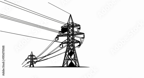 Towering power lines stretch across a stark white background, conveying industrial might