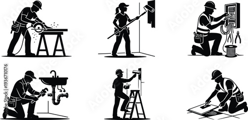 Professional Skilled Labor and Home Improvement Silhouette Set Featuring Carpenter, Painter, Electrician, Plumber, and Tiler at Work