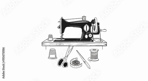 Vintage sewing machine with tools on a white background