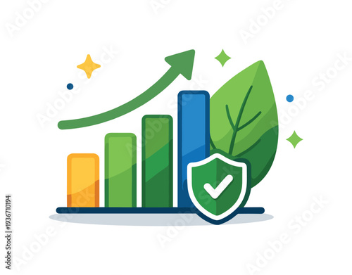 Green business growth and security with upward trending bar chart and leaf icon