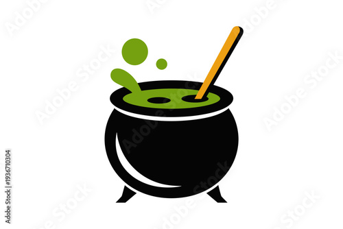 A black cauldron icon with green potion and wooden spoon inside
