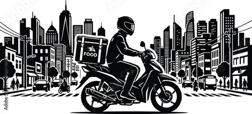 Professional Illustration of a Food Delivery Courier on a Motorcycle Driving Through a Modern Cityscape with High-Rise Buildings Background