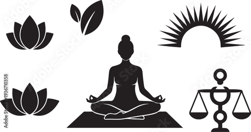Woman meditating in lotus position with balance scale nearby peacefully