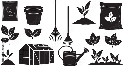 Gardening tools and plants in black and white icons