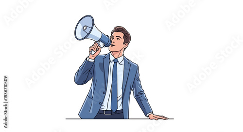 Businessman making announcement with megaphone. Corporate communication concept, marketing promotion, public announcement, and leadership message in modern flat vector illustration.