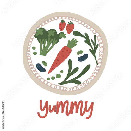Healthy Vegetables Plate Vector Illustration with Carrot and Greens. This vector design is ideal for menu design, food blogs and healthy lifestyle posters.
