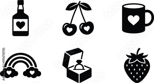 Romantic heart icon set with cherries, strawberry, rainbow, engagement ring, and coffee mug, cad drawing flat vector illustration for Valentines.