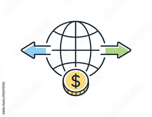 Global financial transactions and currency exchange with arrows and dollar coin