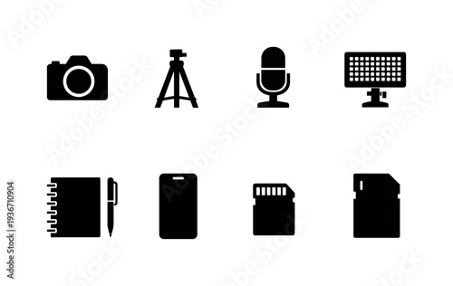 Collection of black icons representing creative tools and digital media equipment