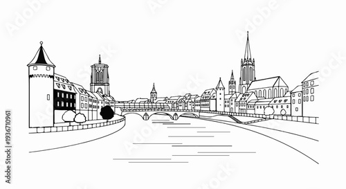 A detailed pen-and-ink sketch of an old European city skyline with a river
