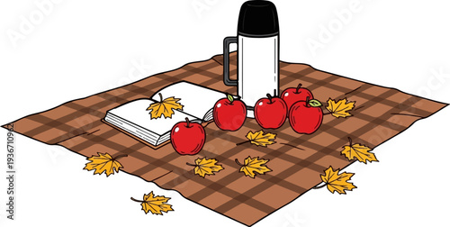 A cozy autumn picnic featuring apples, a book, and a thermos