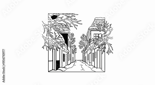 Black and white line art of a narrow, winding street between buildings with bare trees