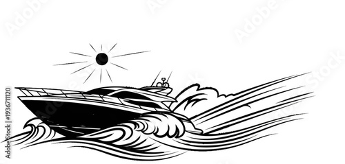 A luxurious yacht cuts through choppy waves under a bright sun