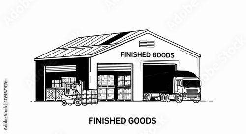 Warehouse loading bay with boxes, forklift, and truck