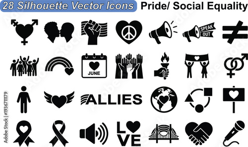 28 silhouette vector icons pride social equality set, love, peace, support, diversity, human rights, freedom, unity