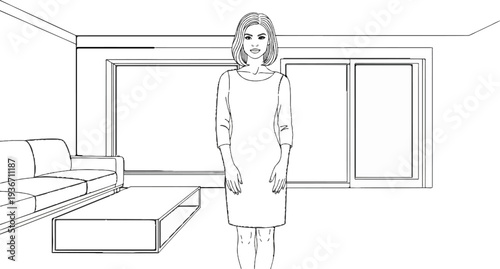 Woman standing in a modern room with sofa and coffee table