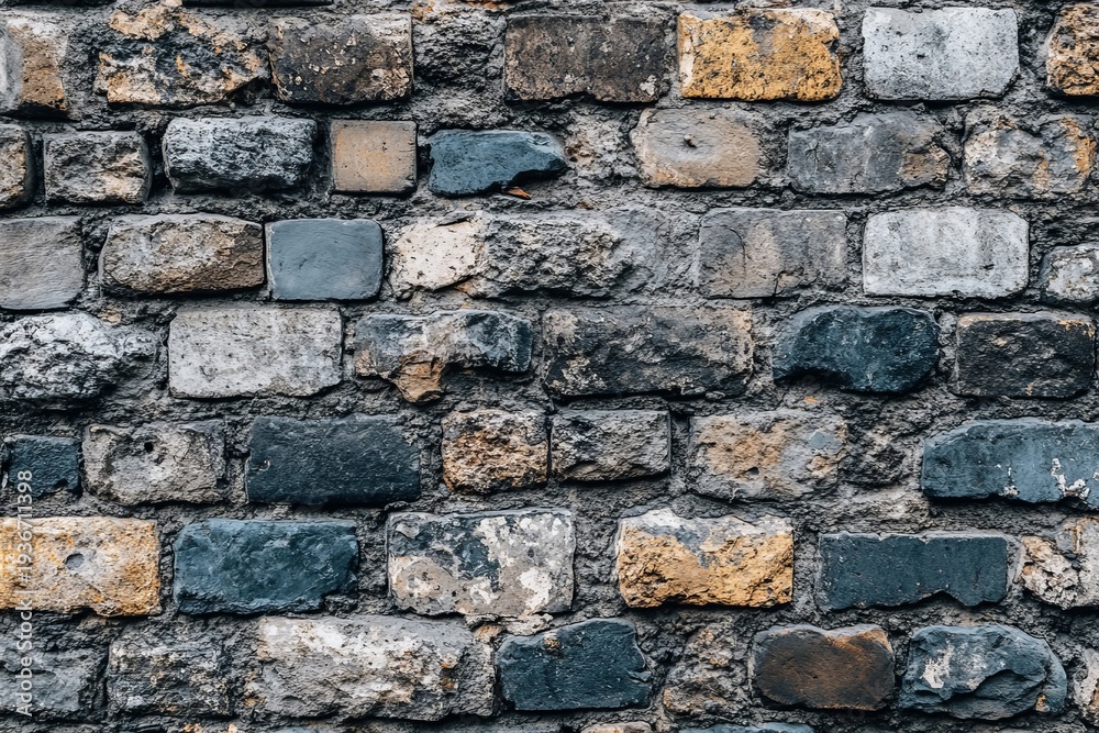 Fototapeta premium Rough Brick Wall Facade with Unique Color Variations, Durable Texture for Architectural Backgrounds