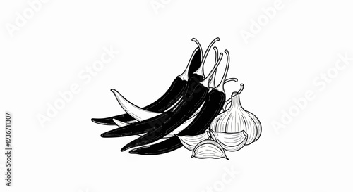 A still life illustration of dark chili peppers and garlic cloves