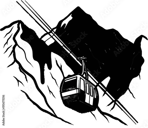 A cable car ascends rugged, snow-dusted mountains under a dark sky