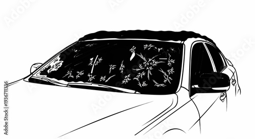 Close up of a car's windshield covered in frost patterns