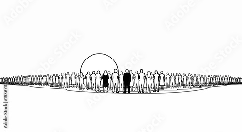 A diverse crowd of people gathered together, forming a semicircle around a circular shape