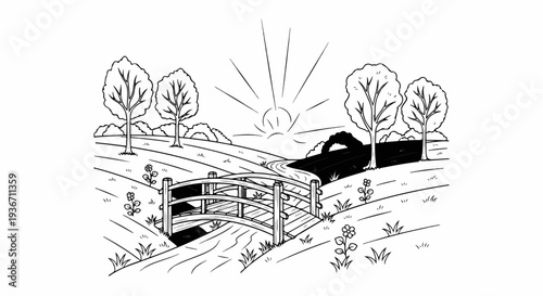 A tranquil countryside scene with a wooden bridge, rolling hills, and a bright sunrise