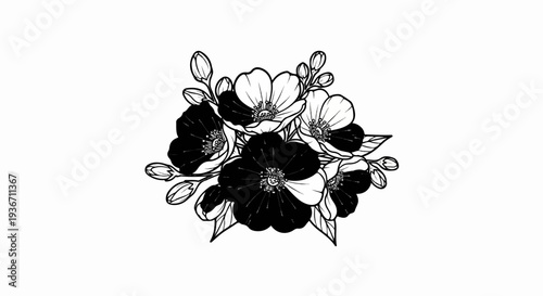 A detailed black and white illustration of a bouquet of poppies with buds and leaves