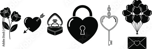 Romantic heart icons with flowers, engagement ring box, padlock, key, and love letter, cad drawing flat vector illustration for wedding invitations.