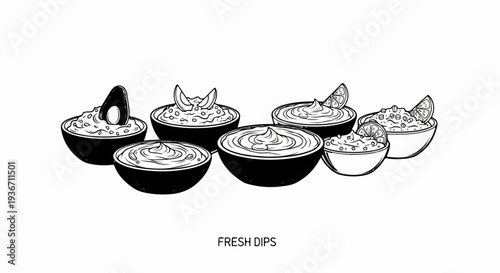 Assortment of freshly prepared dips, some garnished with avocado and citrus slices